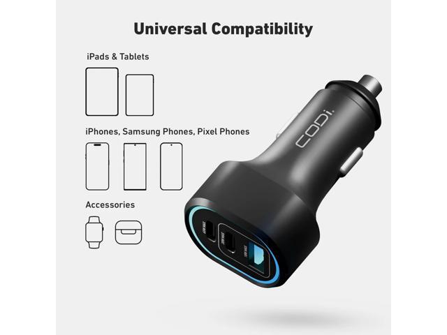 CODi 65W Triple Port USB-C Car Charger with Dual USB-C & USB-A, Power Delivery & Fast Charging