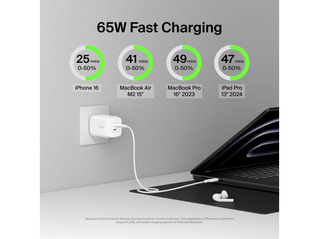 Belkin - BOOST↑CHARGE Pro Dual USB-C GaN Wall Charger with PPS 65W with USB-C to USB-C Cable - White - image 3