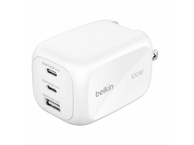 Belkin 100W GaN 3-Port USB Wall Charger - 1xUSB-A, 2xUSB-C - Foldable Prongs - Power Adapter - White - WCH016dqWH