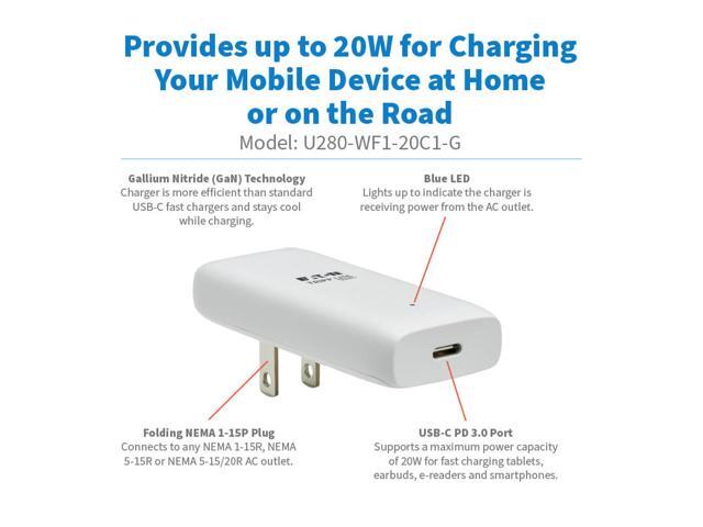 Tripp Lite series Flat 1-Port USB-C Wall Charger - GaN Technology, 20W PD 3.0 Charging, White (U280-WF1-20C1-G)
