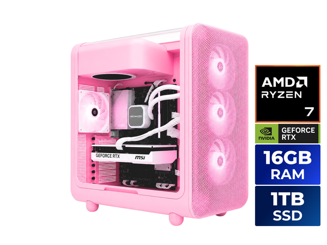 TECHNOID Gaming Desktop PC InfinityR75070S AMD Ryzen 7 7700X 16GB DDR5 1TB SSD GeForce RTX 5070 Windows 11 Home -HYTE X50-Strawberry Milk