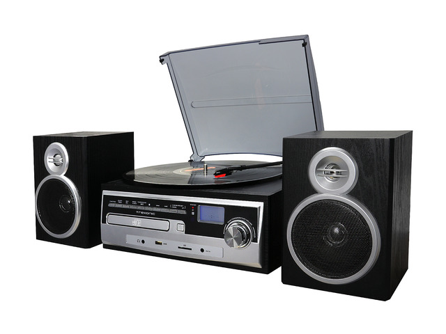 Trexonic 3-Speed Vinyl Turntable Home Stereo System with CD Player, FM Radio, Bluetooth, USB/SD Recording and Wired Shelf Speakers