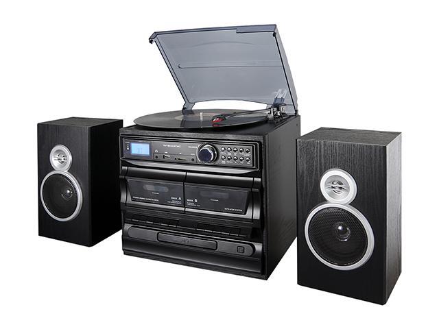 Trexonic 3-Speed Vinyl Turntable Home Stereo System with CD Player, Dual Cassette Player, Bluetooth, FM Radio & USB/SD Recording and Wired Shelf.