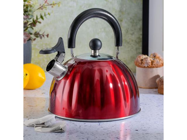 Mr. Coffee 91414.02 Twining 2.1 Quart Pumpkin Shaped Stainless Steel Whistling Tea Kettle, Metallic Red