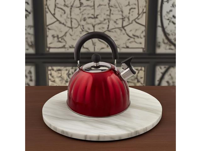 Mr. Coffee 91414.02 Twining 2.1 Quart Pumpkin Shaped Stainless Steel Whistling Tea Kettle, Metallic Red