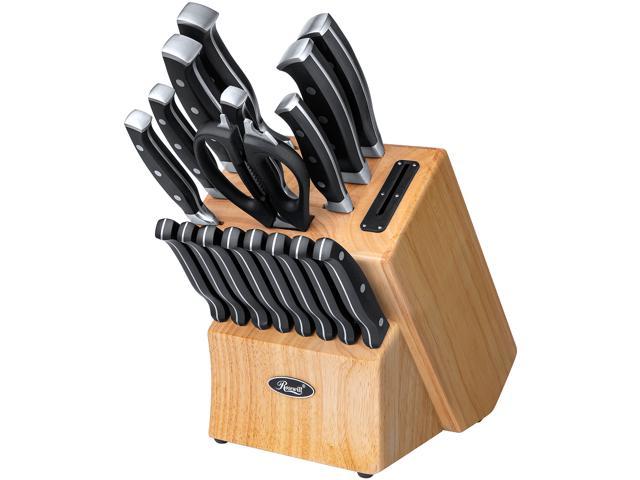 Rosewill 18-Piece Stainless Steel Professional Cutlery Kitchen Knife Set with Shears, Triple Riveted Handles, Full Tang Design, Wood Block, Built-in Sharpener, Black - (RHKS-20001)
