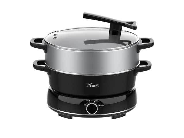 Rosewill 12.7 QT Electric Hot Pot with Multiple Functions, Split Design with 11.8 inch Wider Cooking Pot and SUS Steam Basket, 1600W High Power, Includes Utensils - Black
