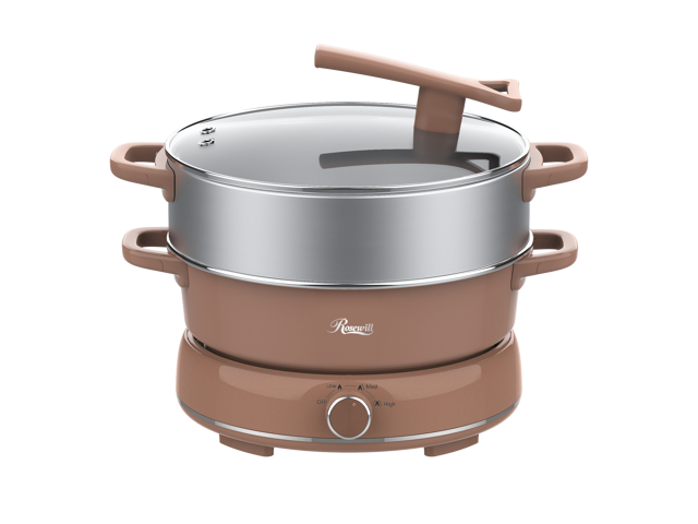 Rosewill 12.7 QT Electric Hot Pot with Multiple Functions, Split Design with 11.8 inch Wider Cooking Pot and SUS Steam Basket, 1600W High Power, Includes Utensils - Mocha