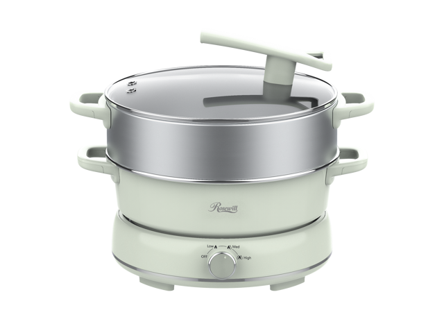 Rosewill 12.7 QT Electric Hot Pot with Multiple Functions, Split Design with 11.8 inch Wider Cooking Pot and SUS Steam Basket, 1600W High Power, Includes Utensils - Light Green