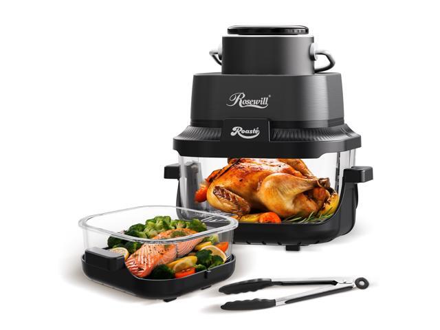 Rosewill 8-in-1 Portable Glass Air Fryer, 5.5QT & 1.6QT Dual Transparent Glass Cooking Pot with Storage Lid & Tongs, Compact Smart for Air Fry, Deep Roast, Recrisp, Bake and more – Black