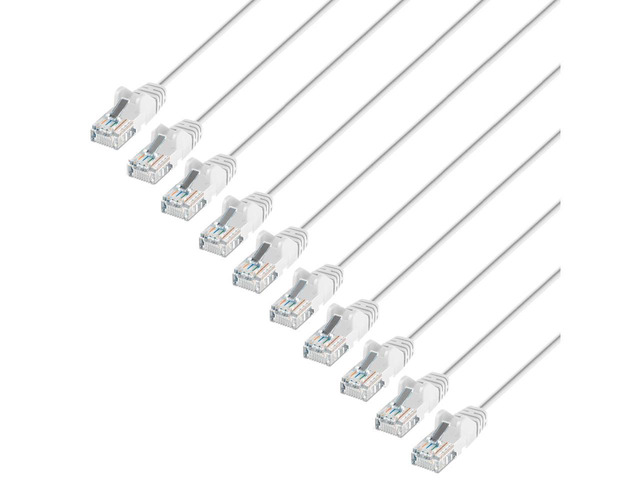 Intellinet Cat6 U/UTP Slim Network Patch Cable, 3 ft., White, 10-Pack, 10G, 250 MHz, 100% Copper, 30 AWG, RJ45, Stranded, Snag-free, Gold-plated...