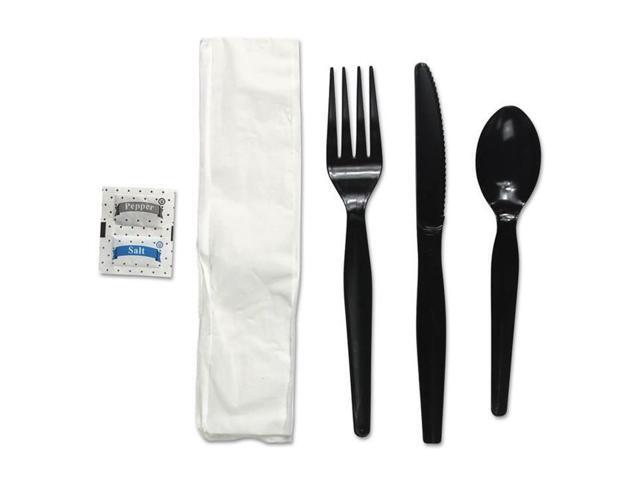 Boardwalk FKTNSHWPSBLA 6-Pc. Cutlery Kit, Condiment / Fork / Knife / Napkin / Spoon, Heavyweight, Black, 250 / Carton