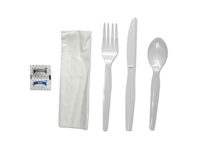 Boardwalk FKTNSHWPSWH 6-Pc. Cutlery Kit, Condiment / Fork / Knife / Napkin / Spoon, Heavyweight, White, 250 / Carton
