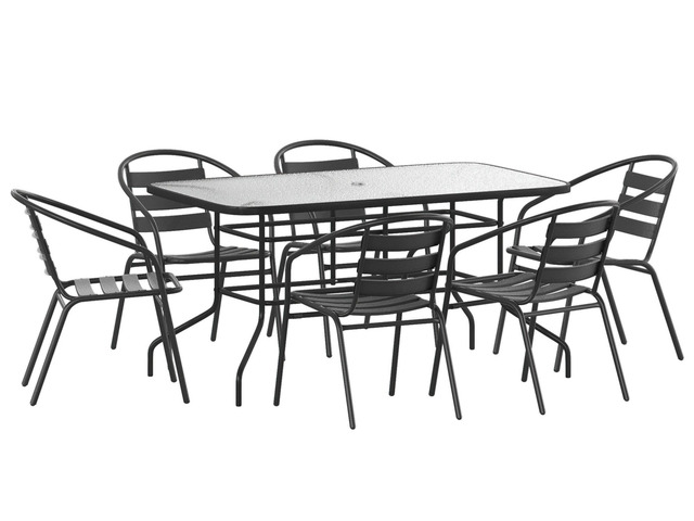 7 Piece Outdoor Patio Dining Set - 55' Tempered Glass Patio Table with Umbrella Hole, 6 Black Metal Aluminum Slat Stack Chairs
