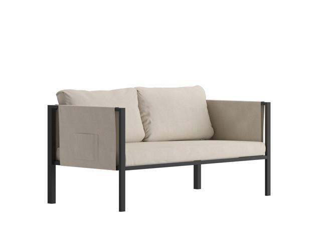 Flash Furniture Lea Indoor/Outdoor Loveseat with Cushions - Modern Steel Framed Chair with Storage Pockets, Black with Beige Cushions