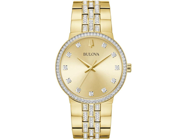 Bulova Crystal Mens Watch and Cross Pendant Necklace Box Set