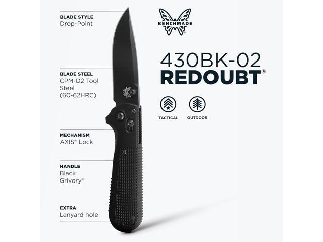 Benchmade Redoubt - Black Grivory - Drop-Point Folding Knife - Black CPM-D2 Blade & AXIS Lock