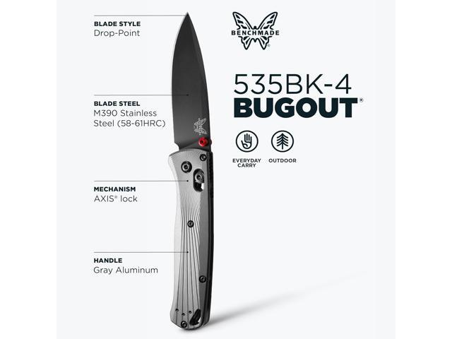 Benchmade Bugout - Gray Aluminum EDC Folding Knife - Black M390 Blade & Sunburst Milling