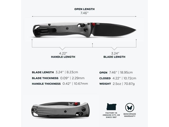 Benchmade Bugout - Gray Aluminum EDC Folding Knife - Black M390 Blade & Sunburst Milling