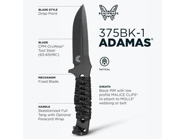 Benchmade Fixed Adamas - Black Paracord - Drop-Point Fixed Blade Knife - Cobalt Black CPM-CruWear