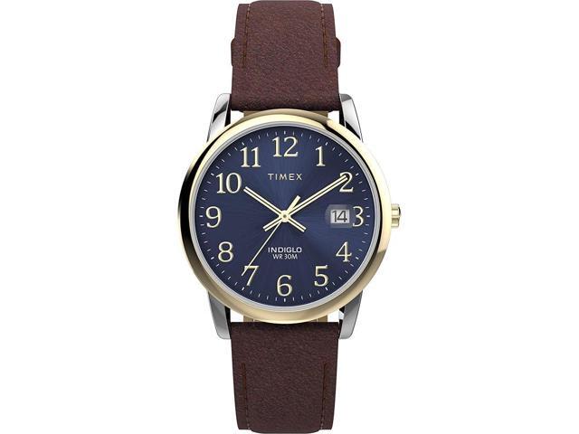 Timex Mens Easy Reader 35mm Watch - Brown Strap Blue Dial Silver-Tone Case Timex Mens Easy Reader 35mm Watch - Brown Strap Blue Dial Silver-Tone Case