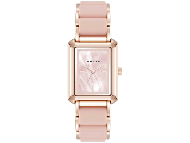 Anne Klein Rose Gold-Tone Rectangular Pink Mother-of-Pearl Silicone Ladies Watch