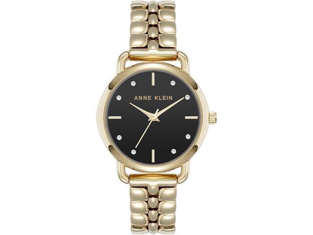 Anne Klein Gold-Tone Black Dial Crystal Accented Link Bracelet Ladies Watch