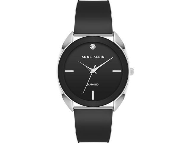 Anne Klein Silver-Tone Black Dial Bangle Diamond Accent Ladies Watch