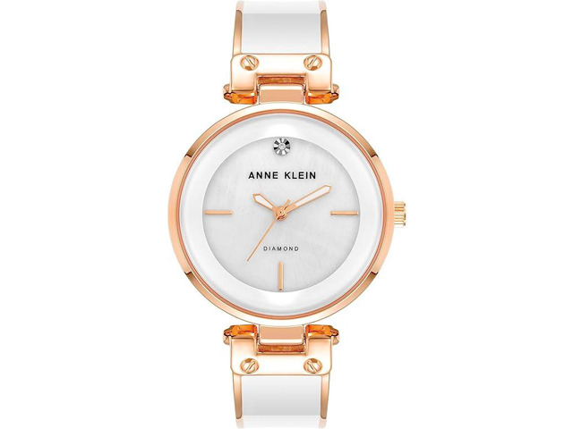 Anne Klein Rose Gold-Tone White Mother-of-Pearl Bangle Diamond Accent Ladies Watch