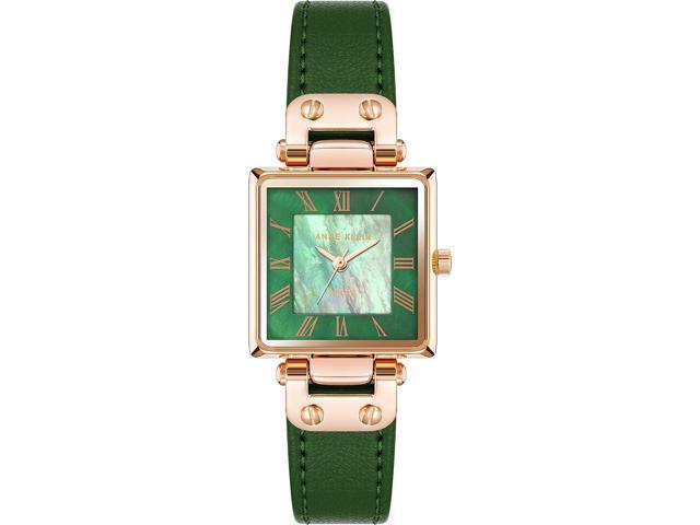 Anne Klein Rose Gold-Tone Square Green Mother-of-Pearl Apple Leather Ladies Watch
