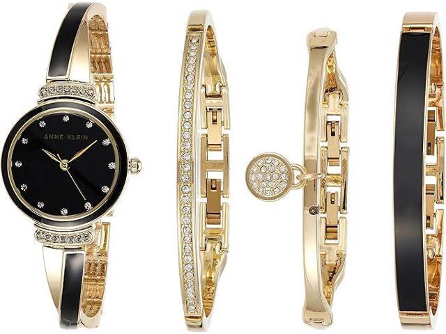 Anne Klein Gold-Tone Black Dial X-Shaped Bangle Set Ladies Watch