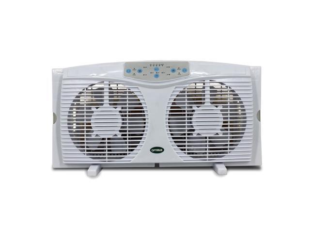 Optimus F-5286 8-Inch corded Reversible Twin Window Fan with Thermostat and LED, White