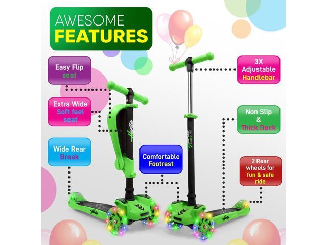 Hurtle ScootKid 3 Wheel Toddler Child Ride On Toy Scooter w/ LED Wheels, Green