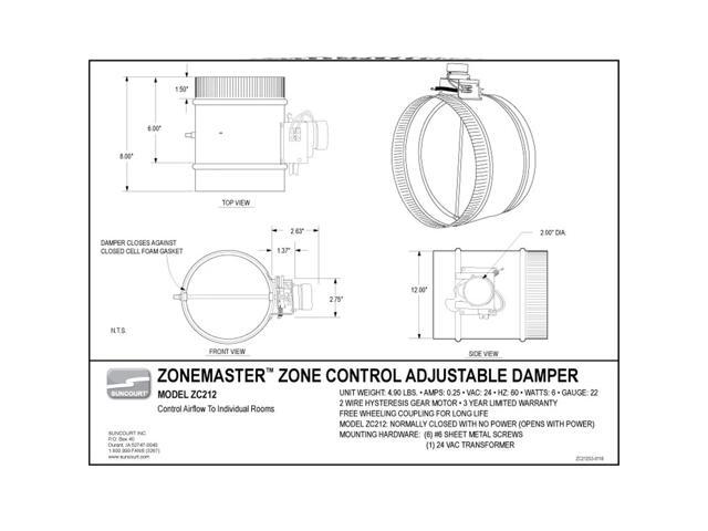 Suncourt ZC212 ZoneMaster 12 In Adjustable Angle Normally Closed Airflow Damper