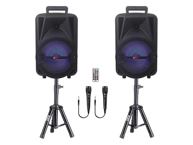 QFX Rechargeable Bluetooth Speakers w/ Microphones and Stands  Set of 2