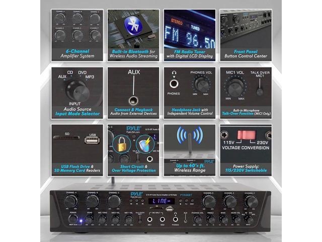 Pyle 600 Watt 6 Channel Bluetooth Amplifier Stereo Receiver w/ Remote Control PTA66BT - image 6