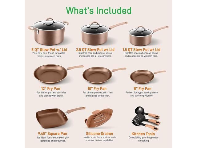 NutriChef Nonstick Cooking Kitchen Cookware Pots and Pans, 20 Piece Set, Bronze