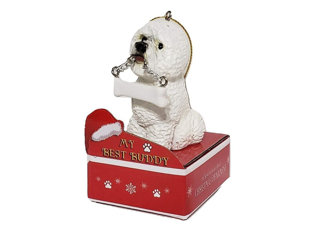 E & S Pets My Best Buddy Bichon with Bone Christmas Ornament