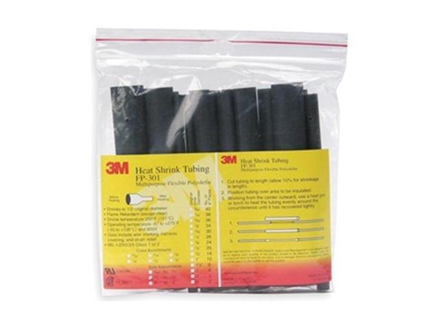 3M FP301-1/8-6'-BLACK-10-10 PC PKS Shrink Tubing,0.125in ID,Black,6in,PK10