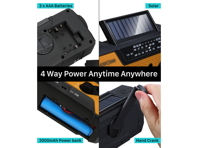 FosPower Emergency Solar Crank Portable Radio, NOAA Weather Radio for Household and Outdoor Emergency with AM/FM, LED Flashlight, Reading Lamp,...