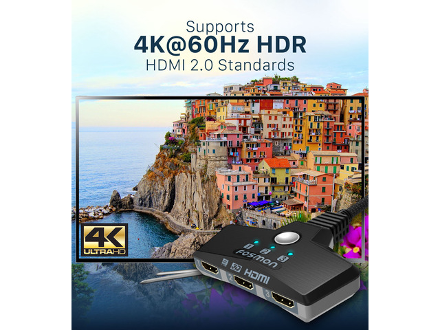 Fosmon 3-Port HDMI Switch 2.0, 4K HDMI Switcher Supports UHD 3D HDR 1080P HDCP 2.2, HDMI Splitter for Apple TV, Roku, Fire Stick, PS5, Xbox