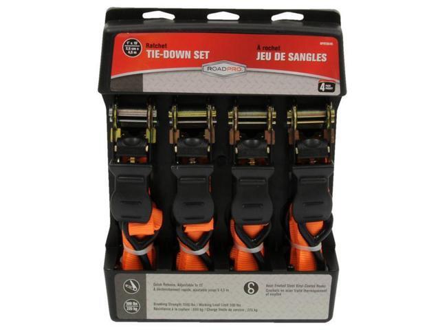 RoadPro 1x15' Ratchet Tie-Downs with Anti-Scratch Hooks Orange 4-Piece Straps / Stretch Cords / Tie Downs