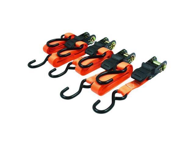 RoadPro 1x15' Ratchet Tie-Downs with Anti-Scratch Hooks Orange 4-Piece Straps / Stretch Cords / Tie Downs