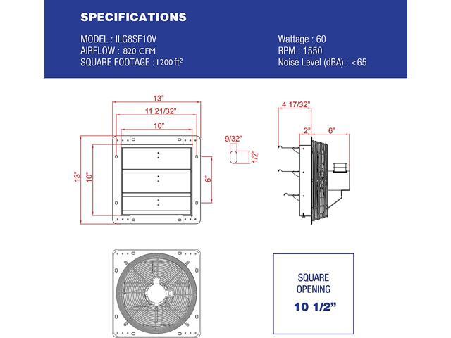iLIVING 10 Inch Variable Speed Shutter Exhaust Fan, Wall-Mounted, 820 CFM, 1200 SQF Coverage Area (Power Cord Not Included)