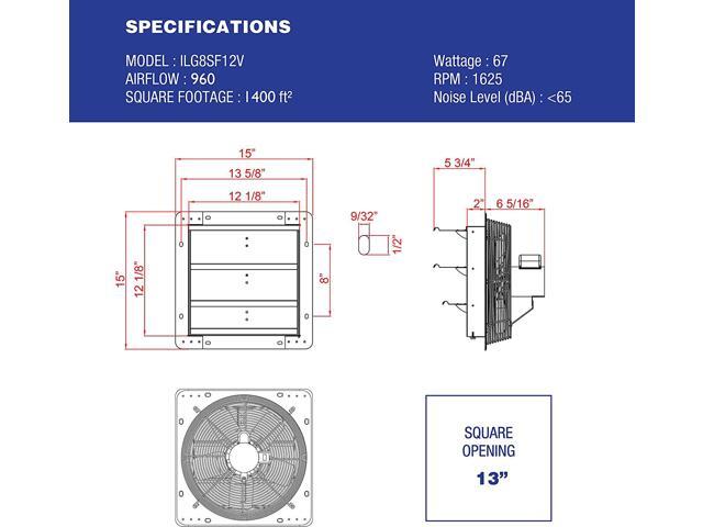 iLIVING 12 Inch Variable Speed Shutter Exhaust Fan, Wall-Mounted, 960 CFM, 1400 SQF Coverage Area (Power Cord Not Included)