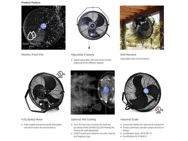 iLIVING 18-Inch Wall Mounted Variable Speed Indoor/Outdoor Weatherproof Fan, 6360 CFM, Black
