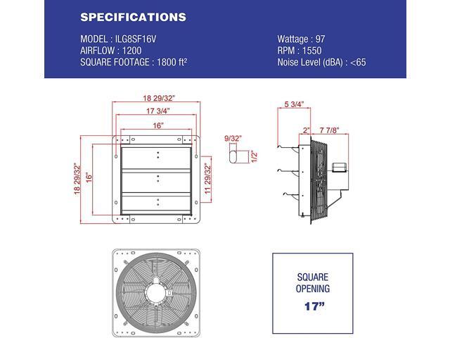 iLIVING 16 Inch Variable Speed Shutter Exhaust Fan, Wall-Mounted, 1200 CFM, 1800 SQF Coverage Area (Power Cord Not Included)