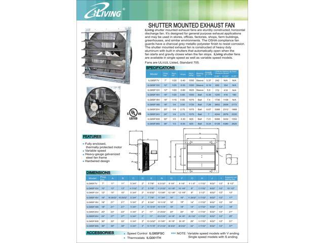iLIVING 16 Inch Variable Speed Shutter Exhaust Fan, Wall-Mounted, 1200 CFM, 1800 SQF Coverage Area (Power Cord Not Included)