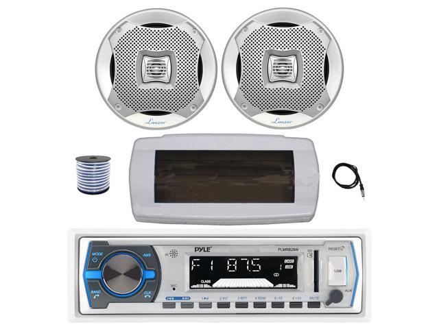 Pyle PLMRB29W Single DIN Bluetooth Marine MP3 AM/FM Stereo Receiver with White Cover, 22' Radio Antenna, Wire, 2x 5.25' 400W Max 2-Way Water...