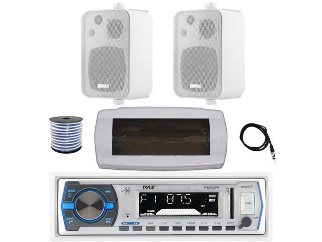Pyle PLMRB29W Single DIN Bluetooth Marine MP3 AM/FM Stereo Receiver with White Cover, 22' Radio Antenna, Wire, 2x 4' 30 Watt Peak Water-Resistant...